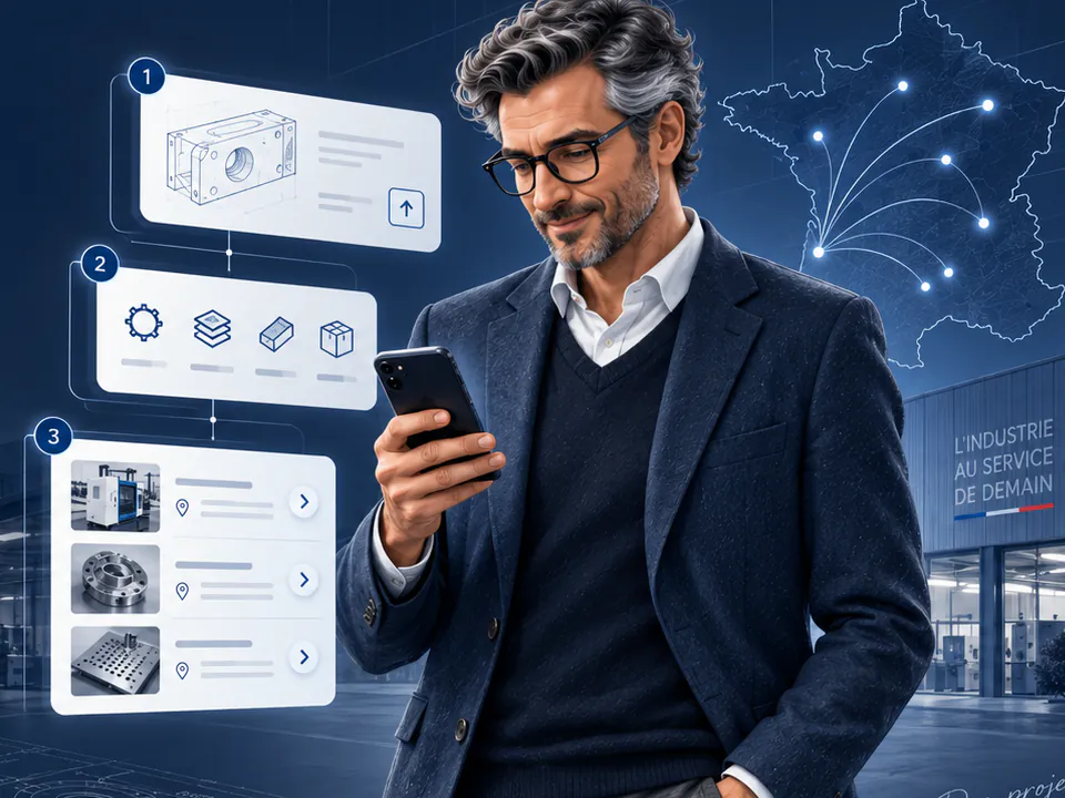 Un responsable industriel consulte sur son téléphone les trois étapes de la démarche : décrire le projet, identifier les compétences, découvrir les fabricants.