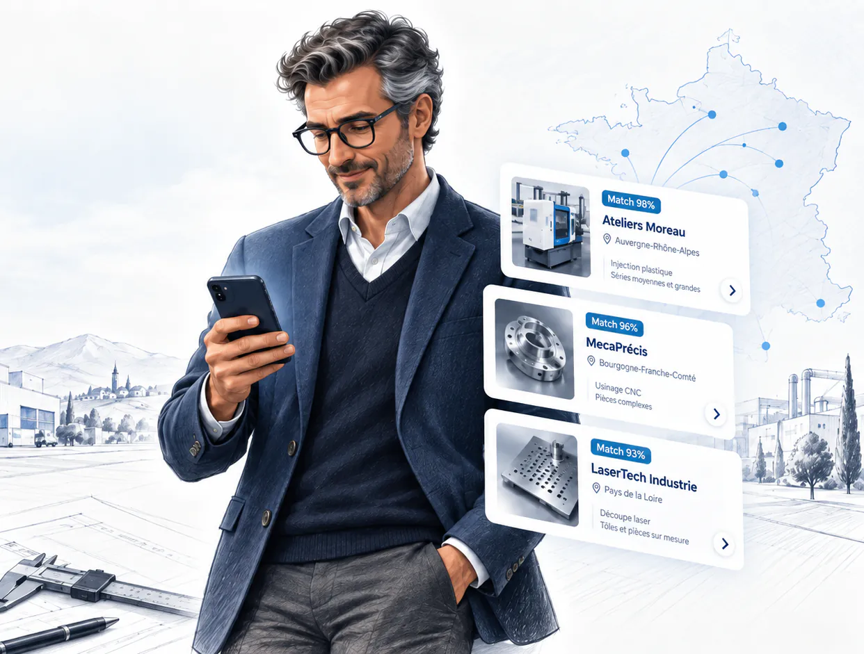 Un responsable industriel consulte des fiches de fabricants sur son téléphone, devant un atelier dessiné au trait.
